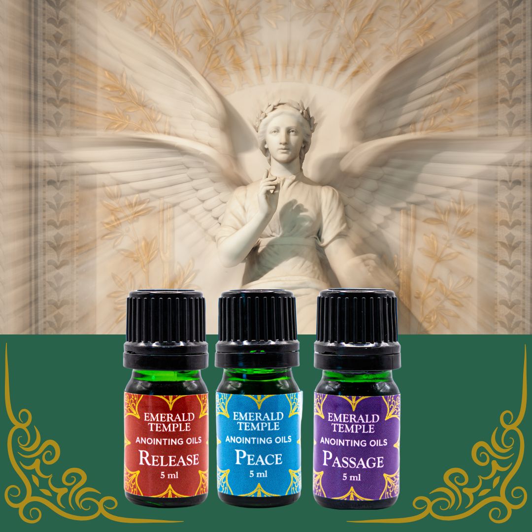 Three small bottles of anointing oil labeled 'Release', 'Peace', and 'Passage' with a background featuring an angelic figure and decorative elements.